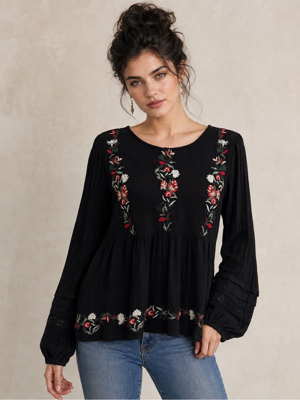 American Eagle Black Floral Embroidered Boho Peasant Babydoll Blouse S NWT